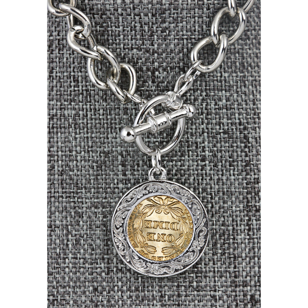 24KT Gold Plated Silver Seated Liberty Dime Silvertone Coin Toggle Bracelet Image 2