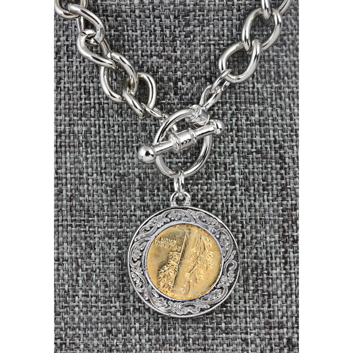 24KT Gold Plated Silver Mercury Dime Silvertone Coin Toggle Bracelet Image 2