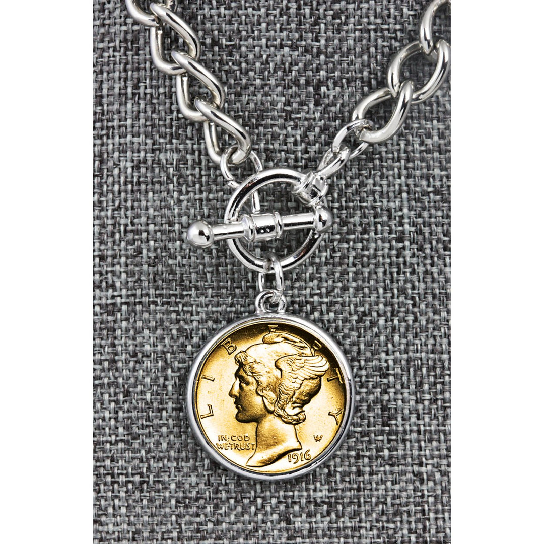 24KT Gold Plated Silver Mercury Dime Silvertone Coin Toggle Bracelet Image 4