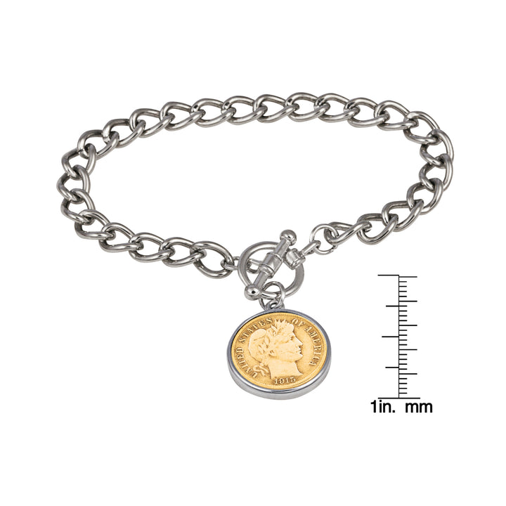 24KT Gold Plated Silver Barber Dime Silvertone Coin Toggle Bracelet Image 4