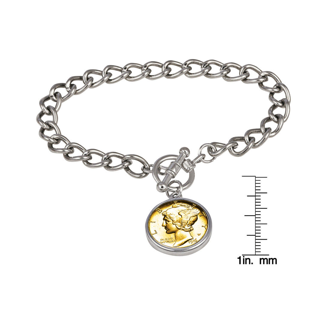 24KT Gold Plated Silver Mercury Dime Silvertone Coin Toggle Bracelet Image 4