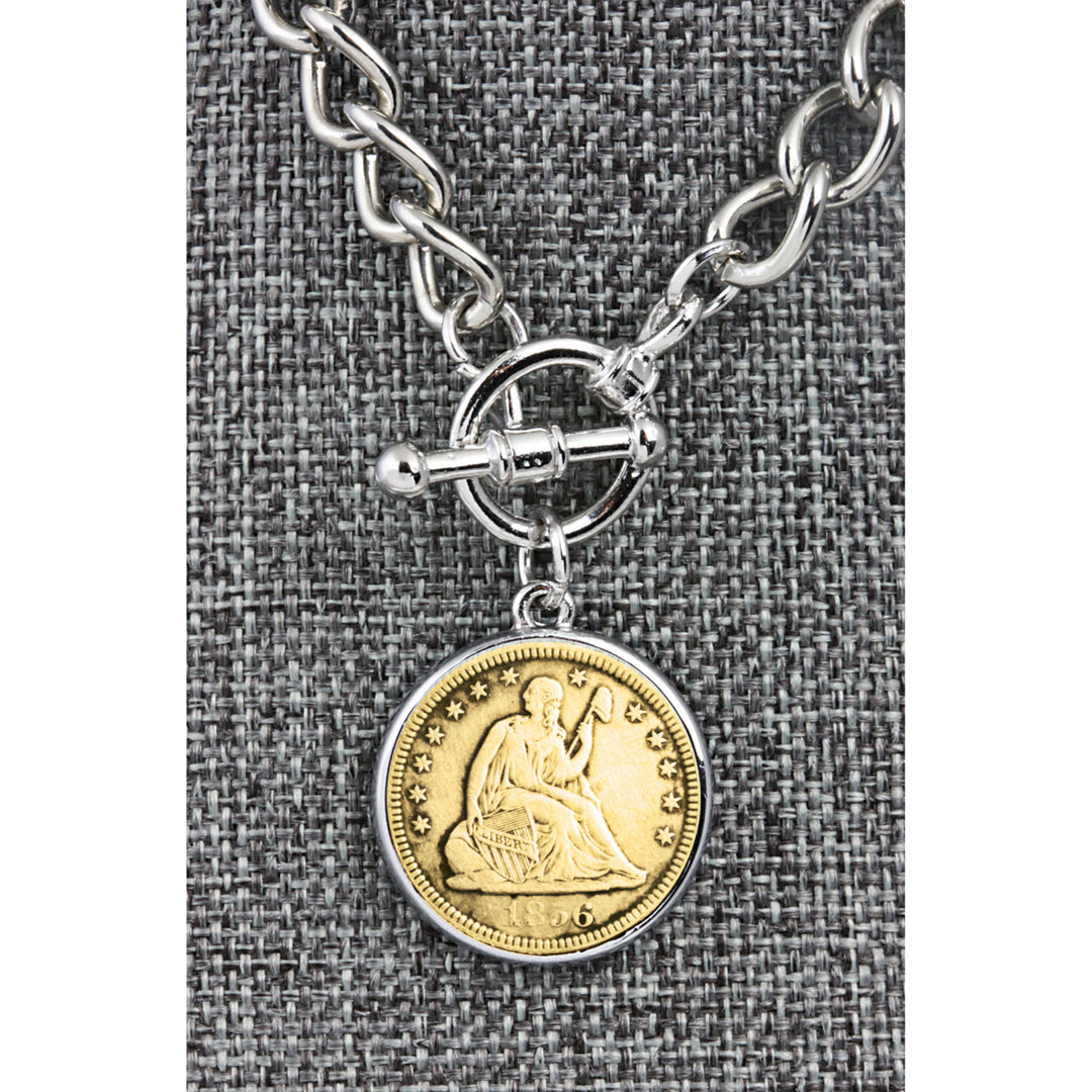 24KT Gold Plated Silver Seated Liberty Dime Silvertone Coin Toggle Bracelet Image 4