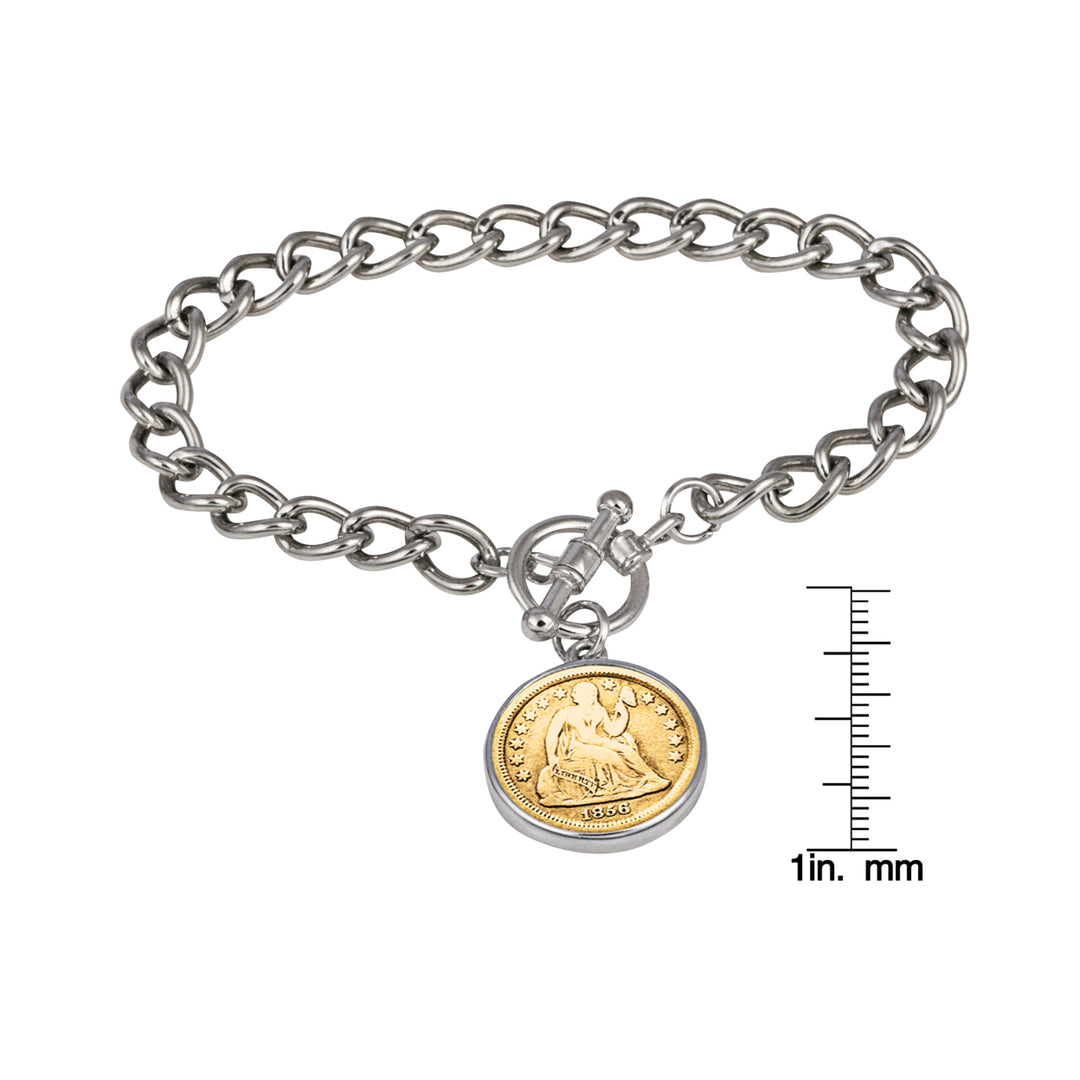 24KT Gold Plated Silver Seated Liberty Dime Silvertone Coin Toggle Bracelet Image 4