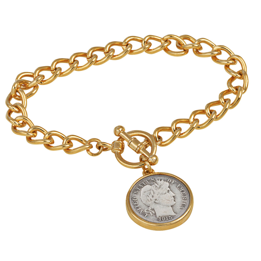 Silver Barber Dime Goldtone Coin Toggle Bracelet Image 1