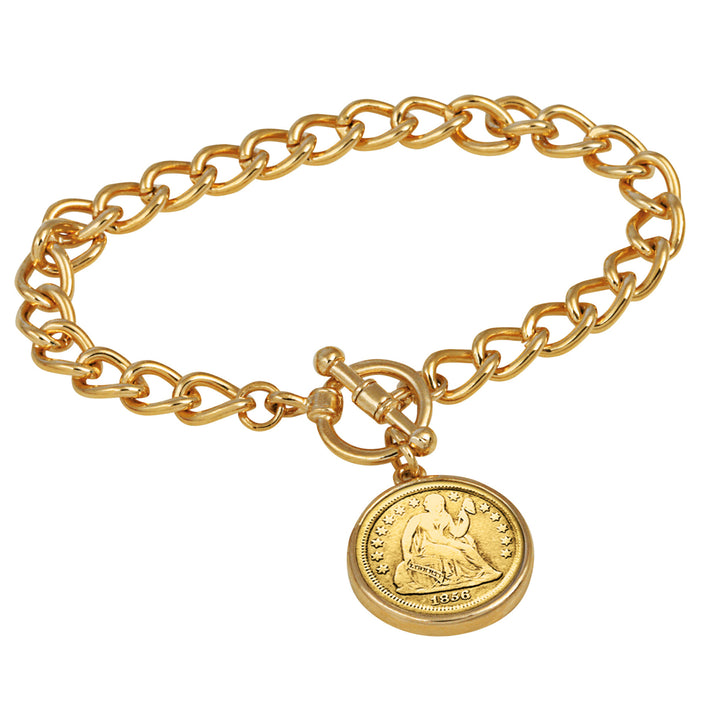 24KT Gold Plated Silver Seated Liberty Dime Goldtone Coin Toggle Bracelet Image 1