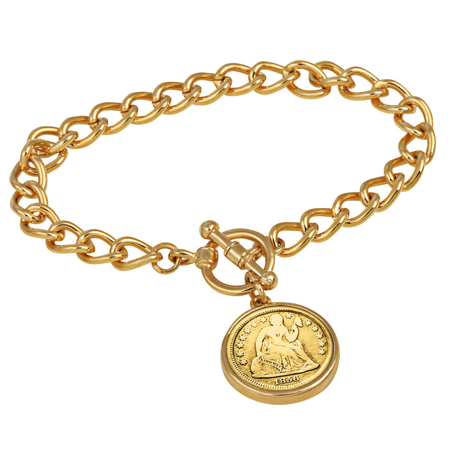 24KT Gold Plated Silver Seated Liberty Dime Goldtone Coin Toggle Bracelet Image 1