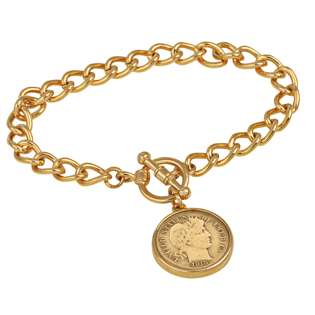 24KT Gold Plated Silver Barber Dime Goldtone Coin Toggle Bracelet Image 1