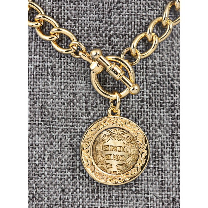 24KT Gold Plated Silver Seated Liberty Dime Goldtone Coin Toggle Bracelet Image 2