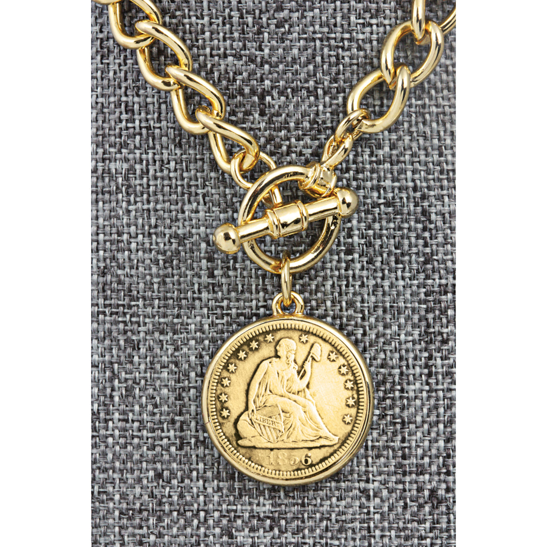 24KT Gold Plated Silver Seated Liberty Dime Goldtone Coin Toggle Bracelet Image 4