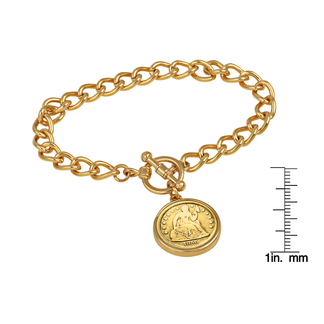 24KT Gold Plated Silver Seated Liberty Dime Goldtone Coin Toggle Bracelet Image 4