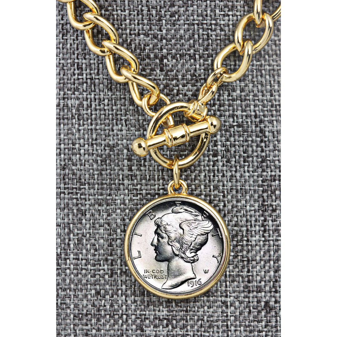 Silver Mercury Dime Goldtone Coin Toggle Bracelet Image 4