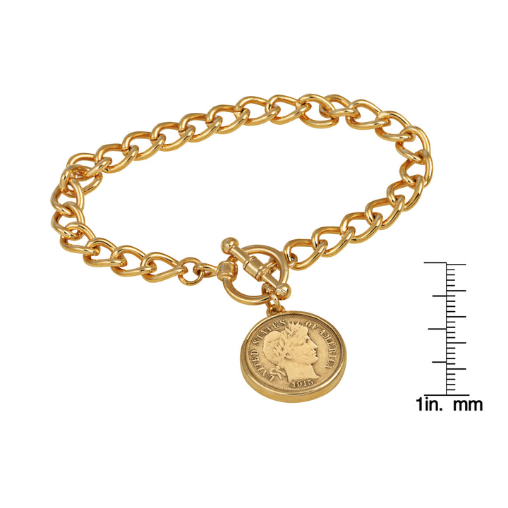 24KT Gold Plated Silver Barber Dime Goldtone Coin Toggle Bracelet Image 4