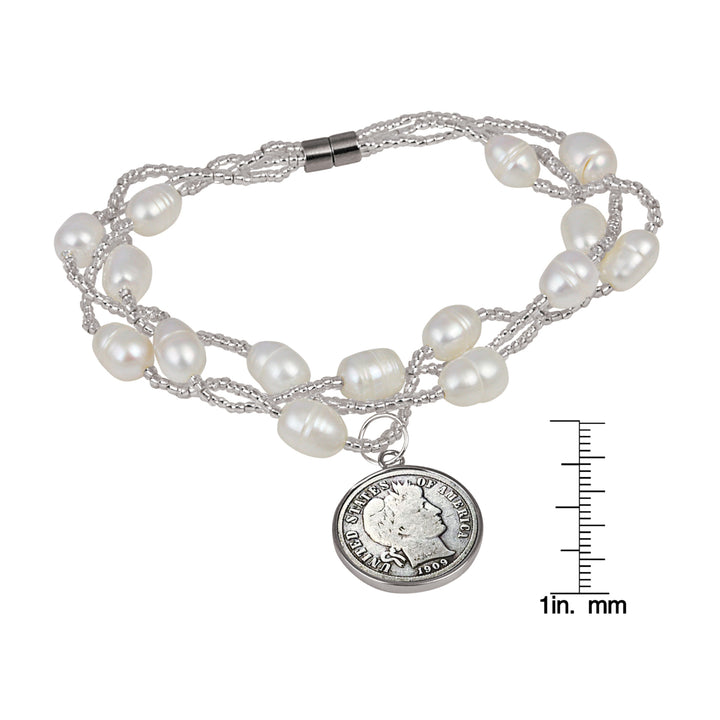 Silver Barber Dime Freshwater Pearl Magnetic Closure Coin Bracelet Image 3