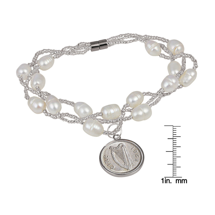 Irish Three Pence Freshwater Pearl Magnetic Closure Coin Bracelet Image 3