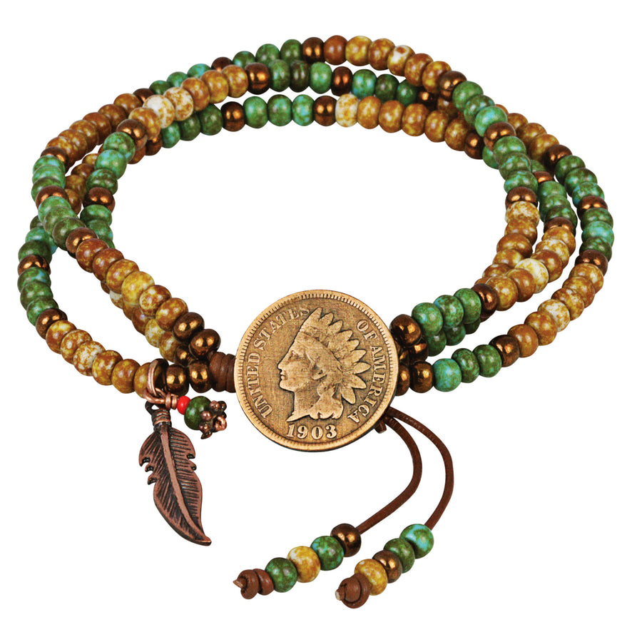 Indian Cent Coin Leather Multi Strand Czech Bead Bracelet Image 1