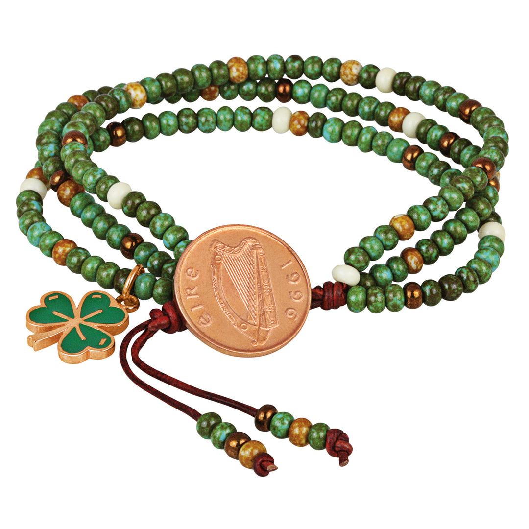 Irish Penny Coin Shamrock Charm Leather Multi Strand Czech Bead Bracelet Image 1