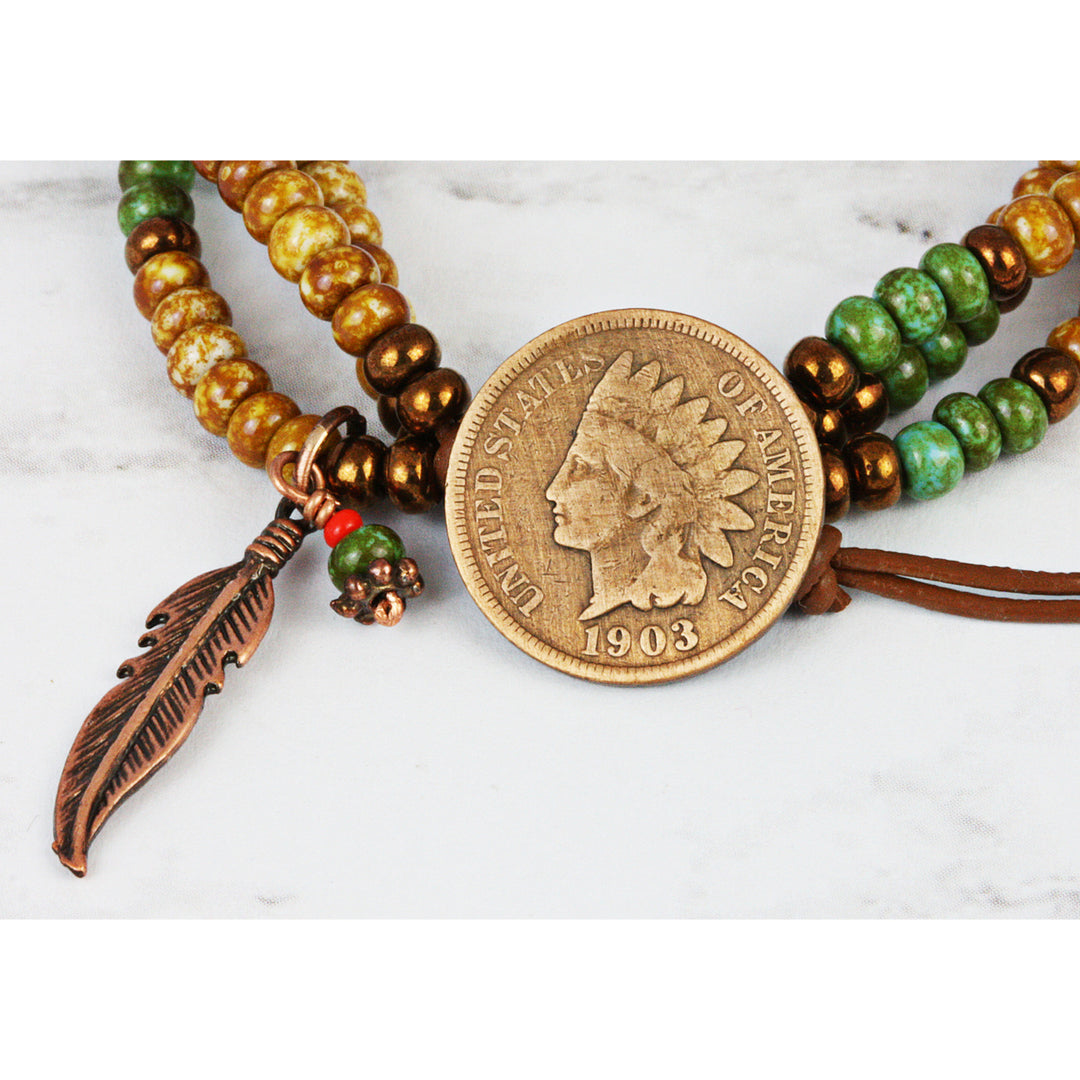 Indian Cent Coin Leather Multi Strand Czech Bead Bracelet Image 2