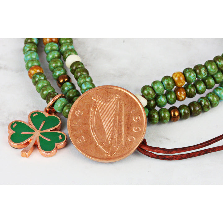 Irish Penny Coin Shamrock Charm Leather Multi Strand Czech Bead Bracelet Image 2