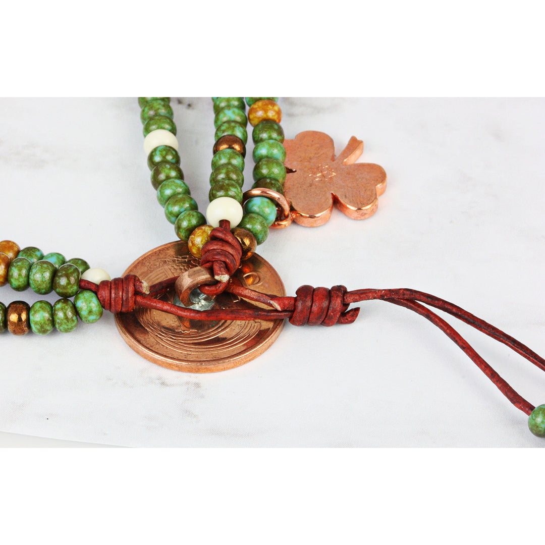 Irish Penny Coin Shamrock Charm Leather Multi Strand Czech Bead Bracelet Image 3