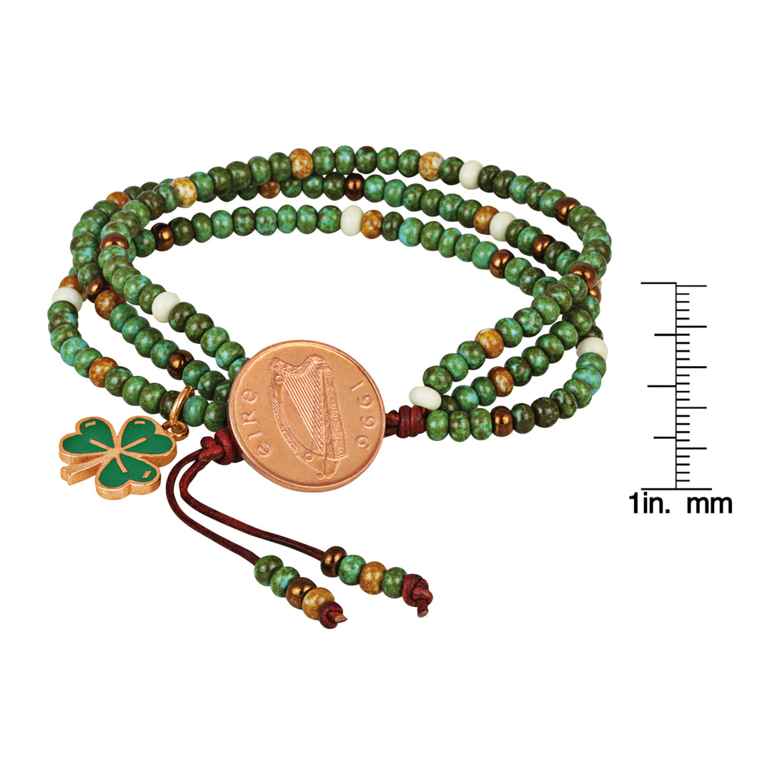 Irish Penny Coin Shamrock Charm Leather Multi Strand Czech Bead Bracelet Image 4