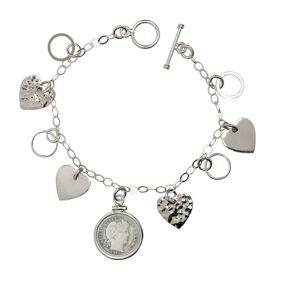 Heart Charm Sterling Silver Coin Bracelet with Silver Barber Dime Image 1