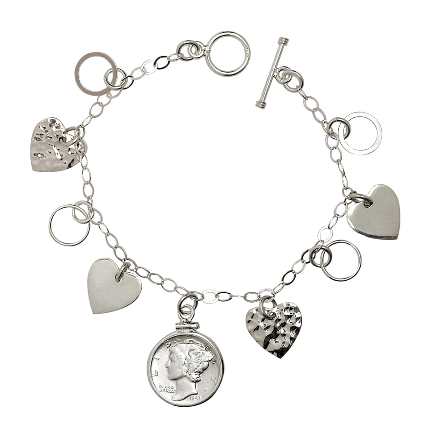 Heart Charm Sterling Silver Coin Bracelet with Silver Mercury Dime Image 1