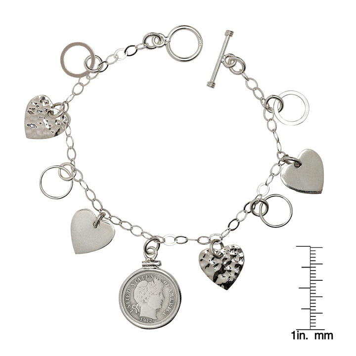 Heart Charm Sterling Silver Coin Bracelet with Silver Barber Dime Image 3