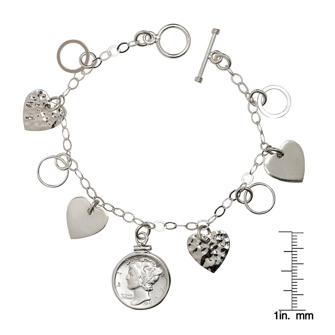 Heart Charm Sterling Silver Coin Bracelet with Silver Mercury Dime Image 3