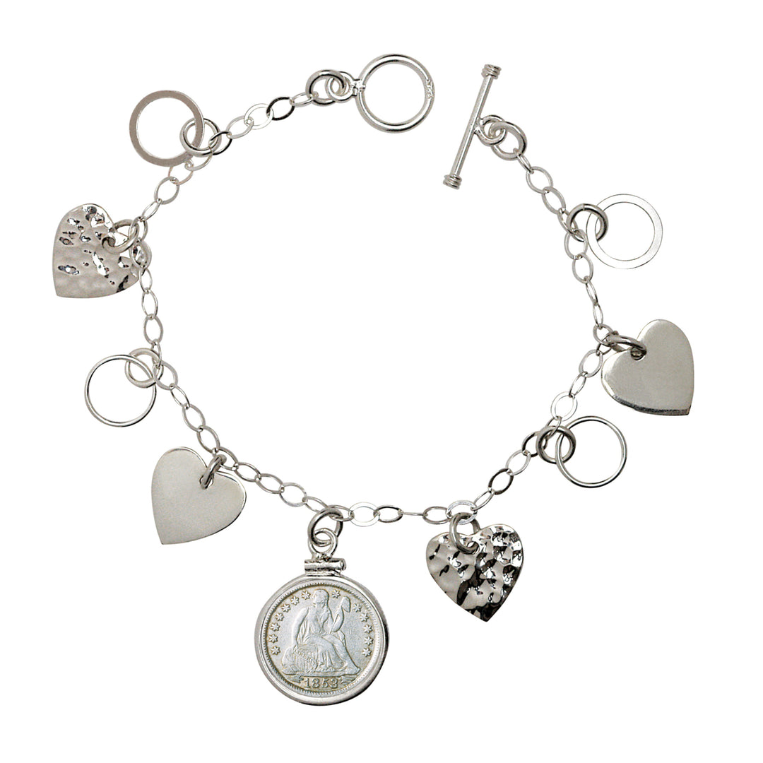 Heart Charm Sterling Silver Coin Bracelet with Silver Seated Liberty Dime Image 1