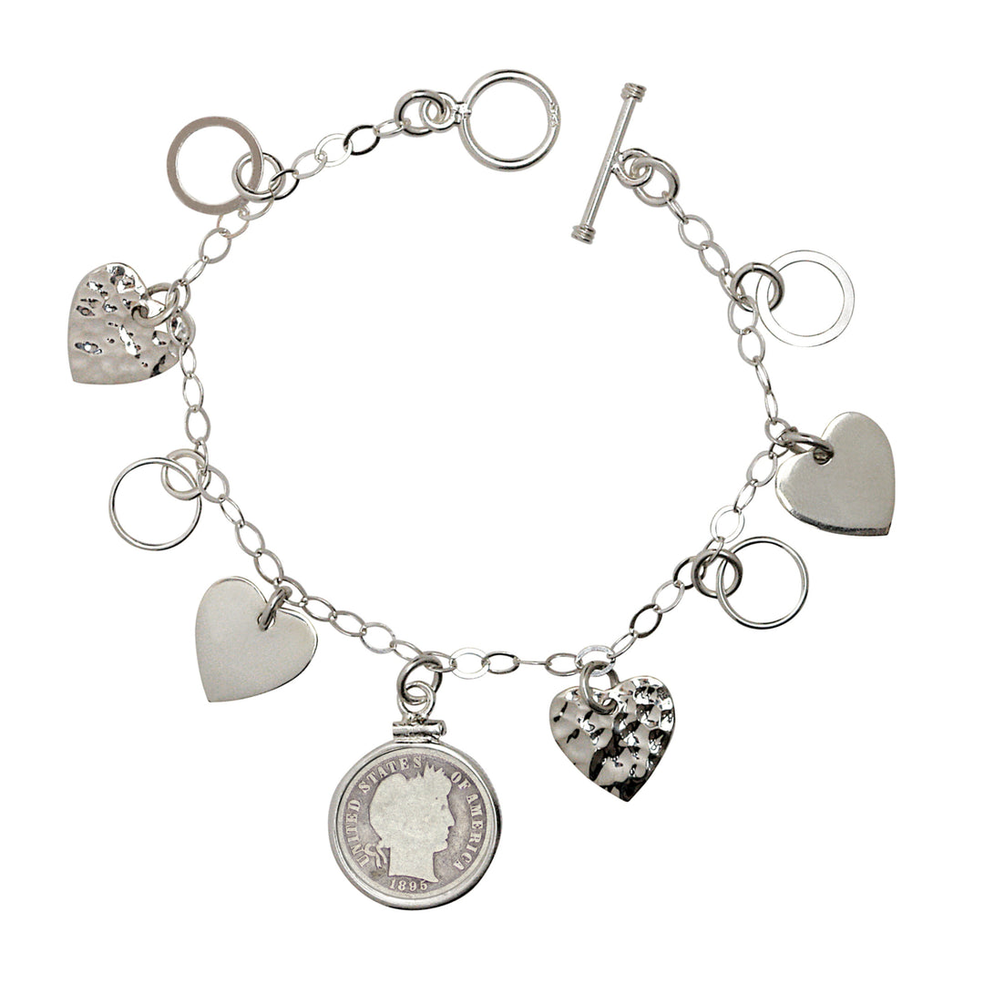 Heart Charm Sterling Silver Coin Bracelet with 1800s Silver Barber Dime Image 1