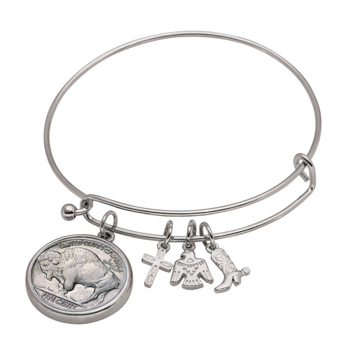 Western Charm Silver Tone Dateless Buffalo Nickel Reverse Coin Bangle Bracelet Image 1