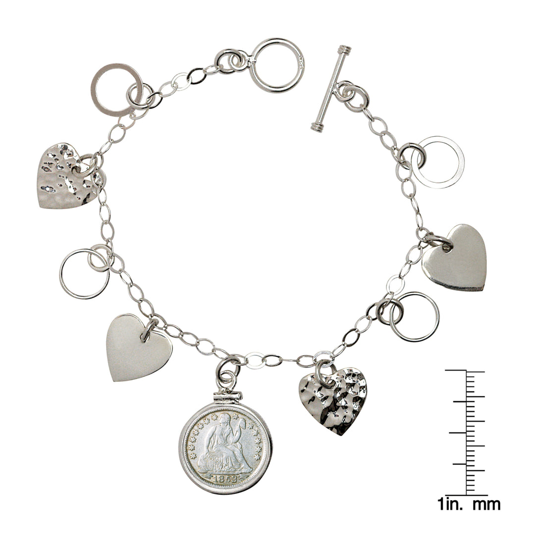 Heart Charm Sterling Silver Coin Bracelet with Silver Seated Liberty Dime Image 3