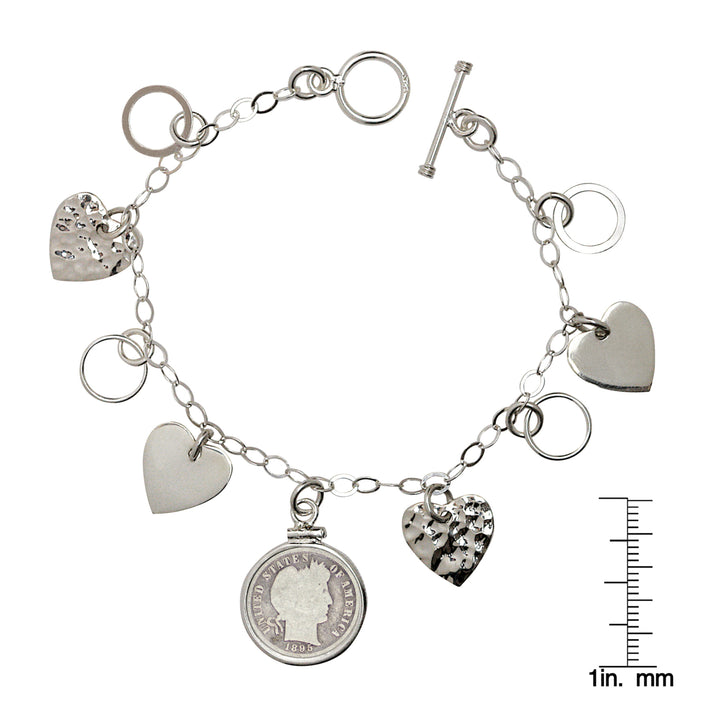 Heart Charm Sterling Silver Coin Bracelet with 1800s Silver Barber Dime Image 3