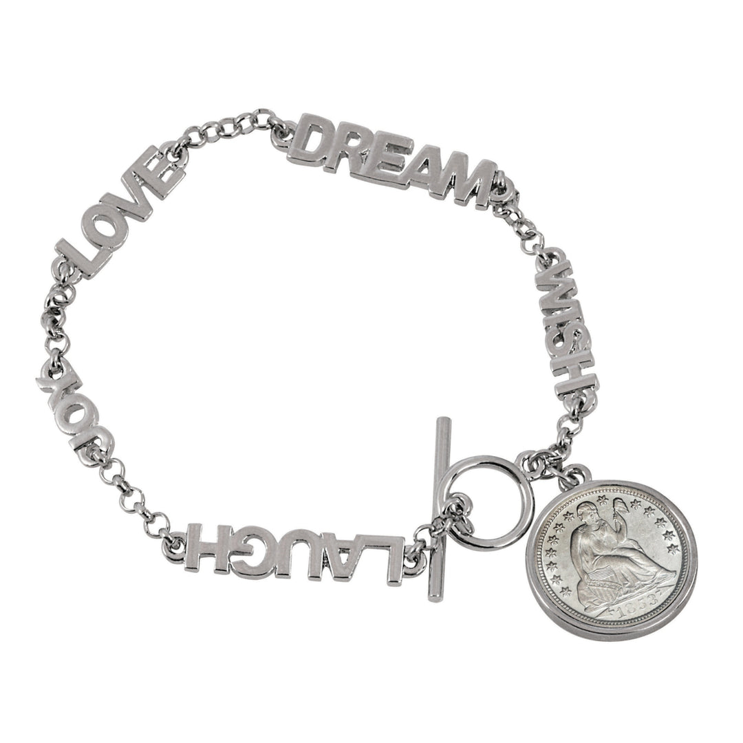 Seated Liberty Silver Dime Inspirational Dream Wish Love Laugh Joy Coin Bracelet Image 1