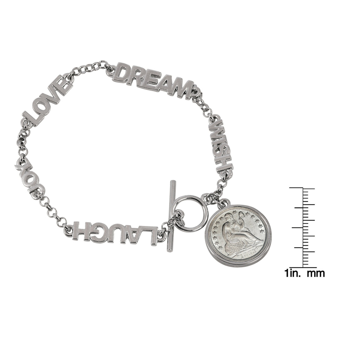 Seated Liberty Silver Dime Inspirational Dream Wish Love Laugh Joy Coin Bracelet Image 2