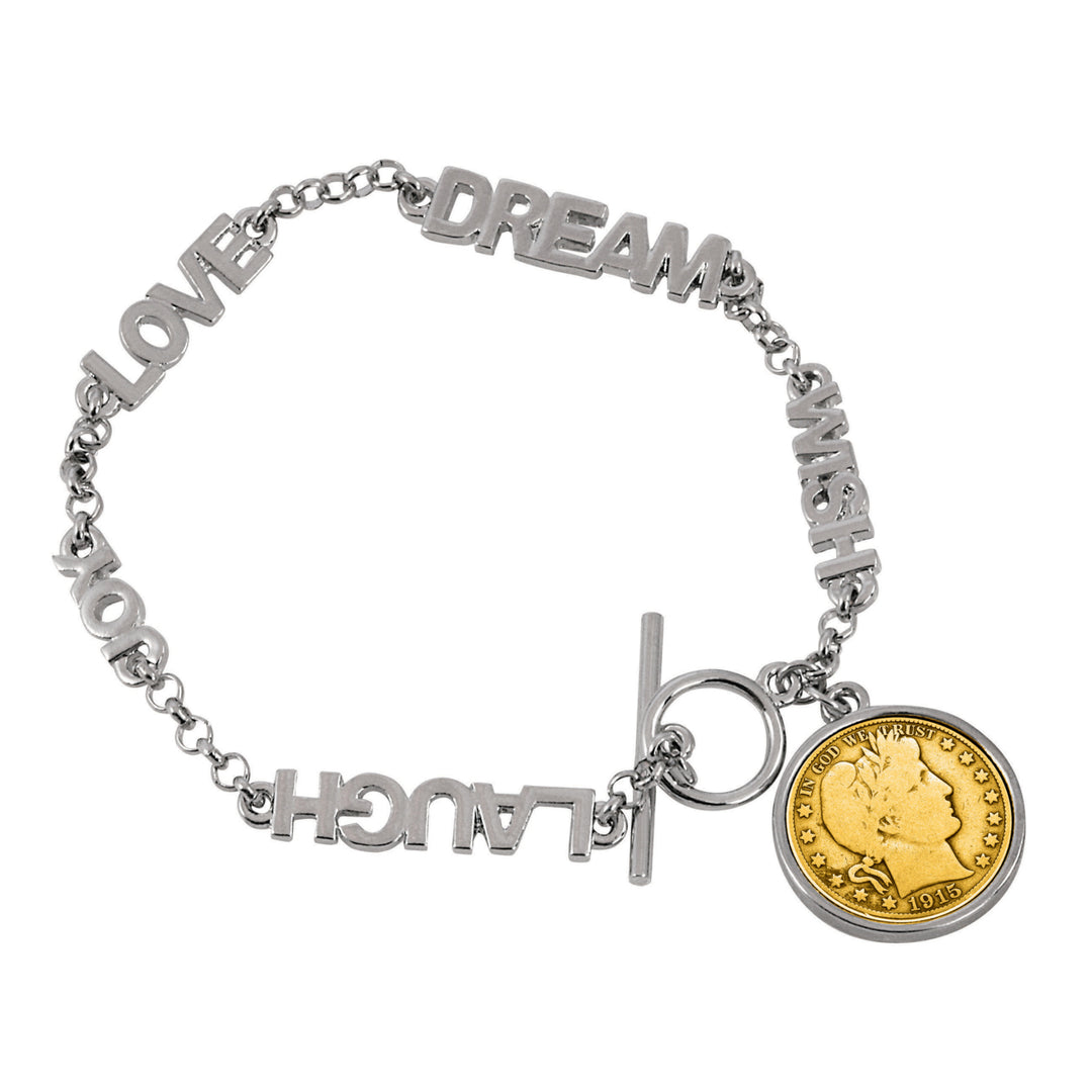 Gold-Layered Silver Barber Dime Inspirational Dream Wish Love Laugh Joy Coin Bracelet Image 1