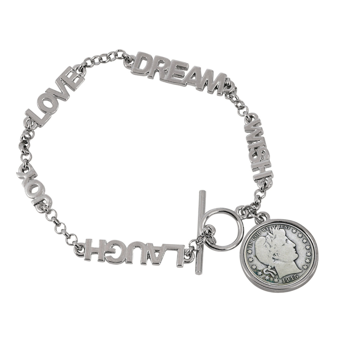 Silver Barber Dime Inspirational Dream Wish Love Laugh Joy Coin Bracelet Image 1