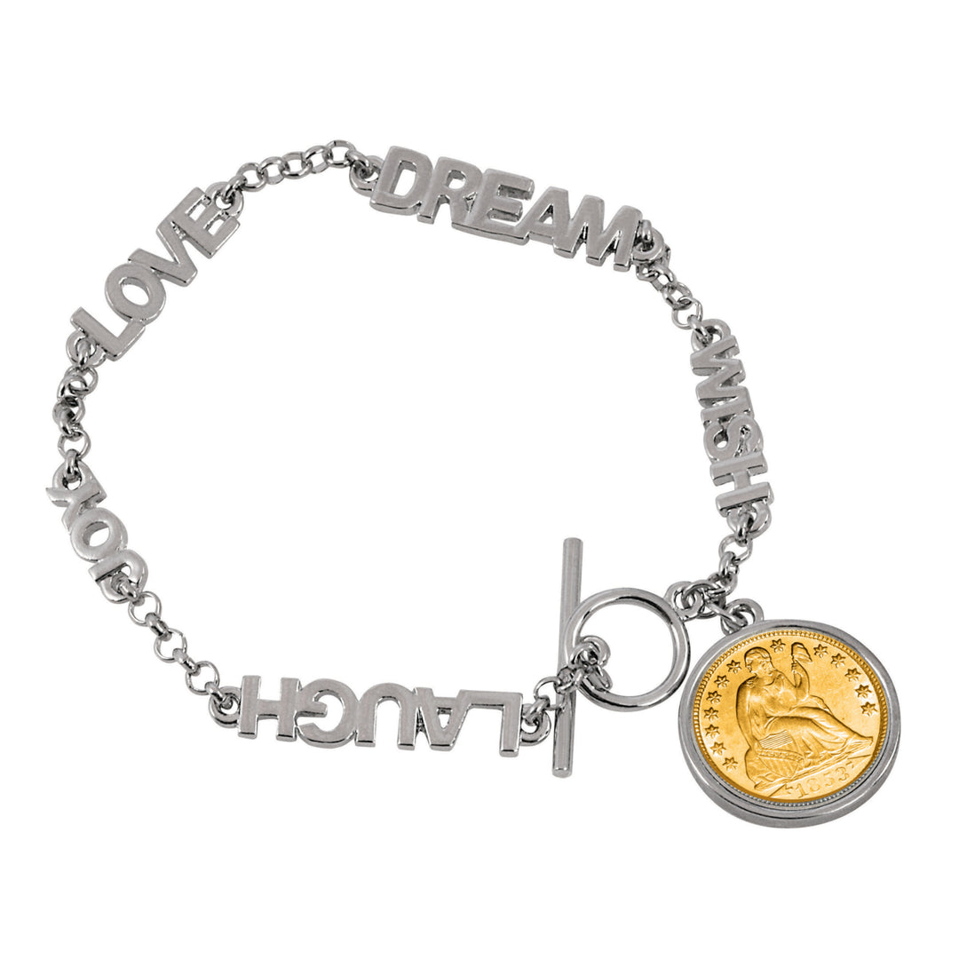 Gold-Layered Seated Liberty Silver Dime Inspirational Dream Wish Love Laugh Joy Coin Bracelet Image 1