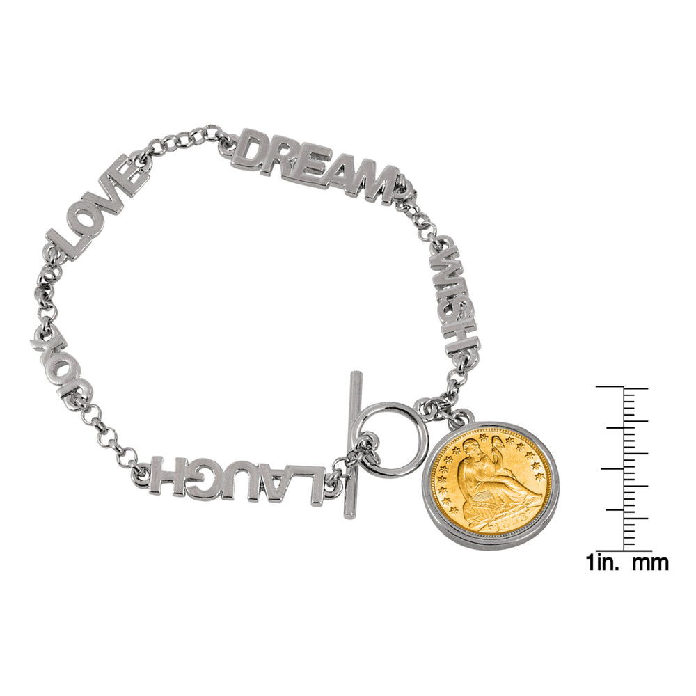 Gold-Layered Seated Liberty Silver Dime Inspirational Dream Wish Love Laugh Joy Coin Bracelet Image 2