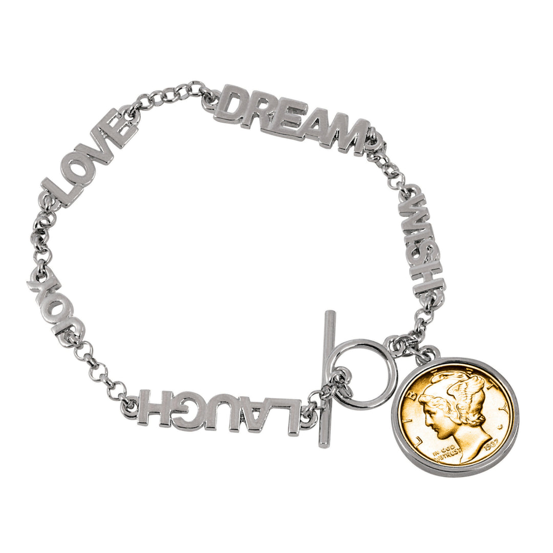 Gold-Layered Silver Mercury Dime Inspirational Dream Wish Love Laugh Joy Coin Bracelet Image 1