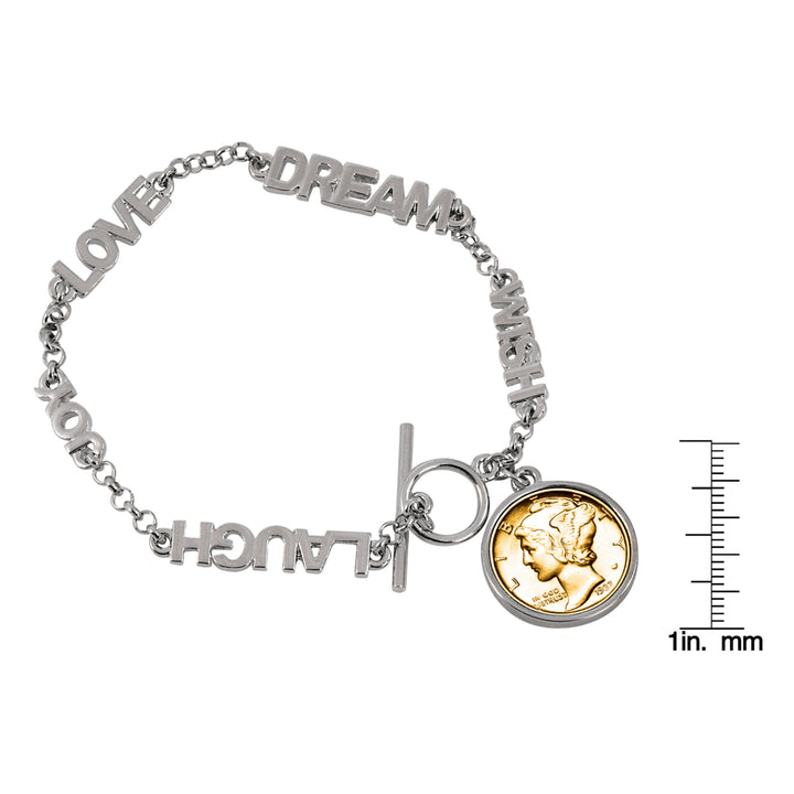 Gold-Layered Silver Mercury Dime Inspirational Dream Wish Love Laugh Joy Coin Bracelet Image 2