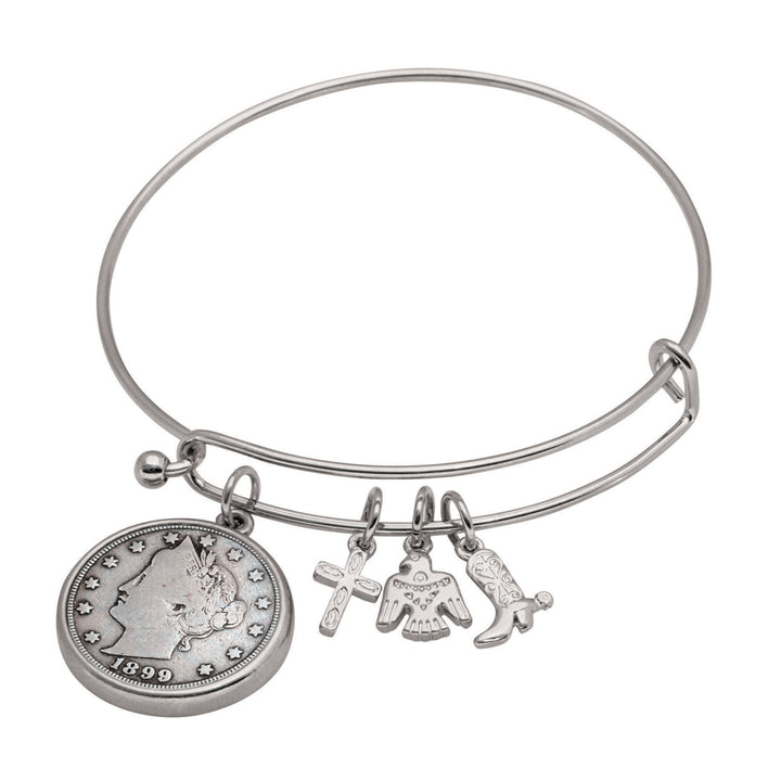 Western Charm Silver Tone Liberty Nickel Coin Bangle Bracelet Image 1