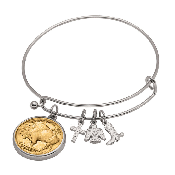 Western Charm Silver Tone Gold Layered Buffalo Nickel Reverse Coin Bangle Bracelet Image 1