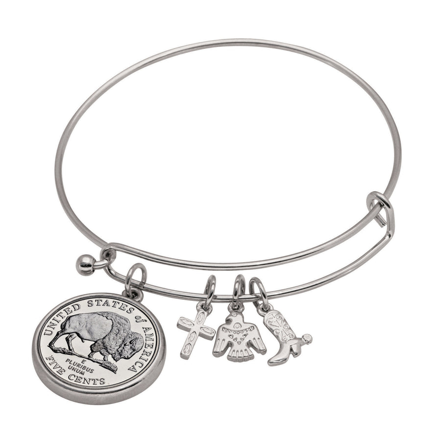 Western Charm Silver Tone Bison Nickel Coin Bangle Bracelet Image 1