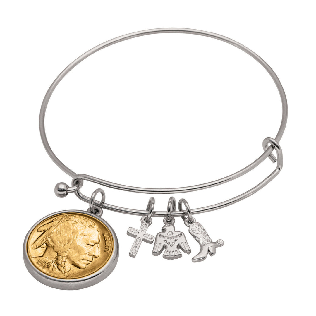 Western Charm Silver Tone Gold Layered Buffalo Nickel Obverse Coin Bangle Bracelet Image 1