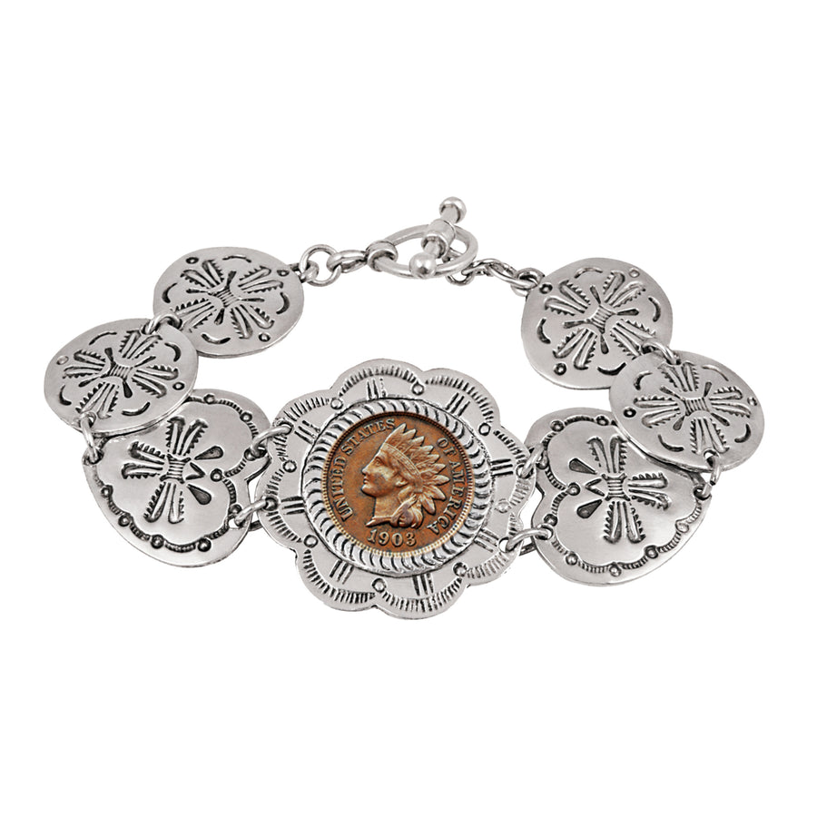 Indian Penny Western Toggle Silvertone Coin Bracelet Image 1