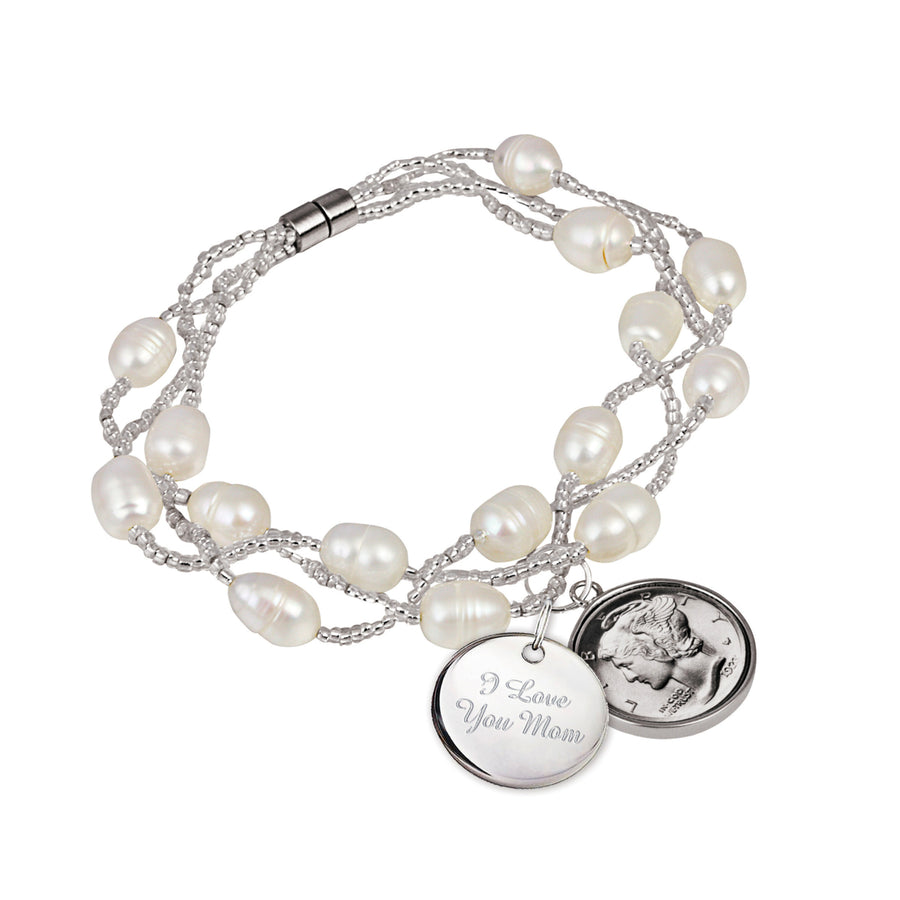 Mercury Dime Fresh Water Pearl Bracelet With I Love You Mom Charm Image 1