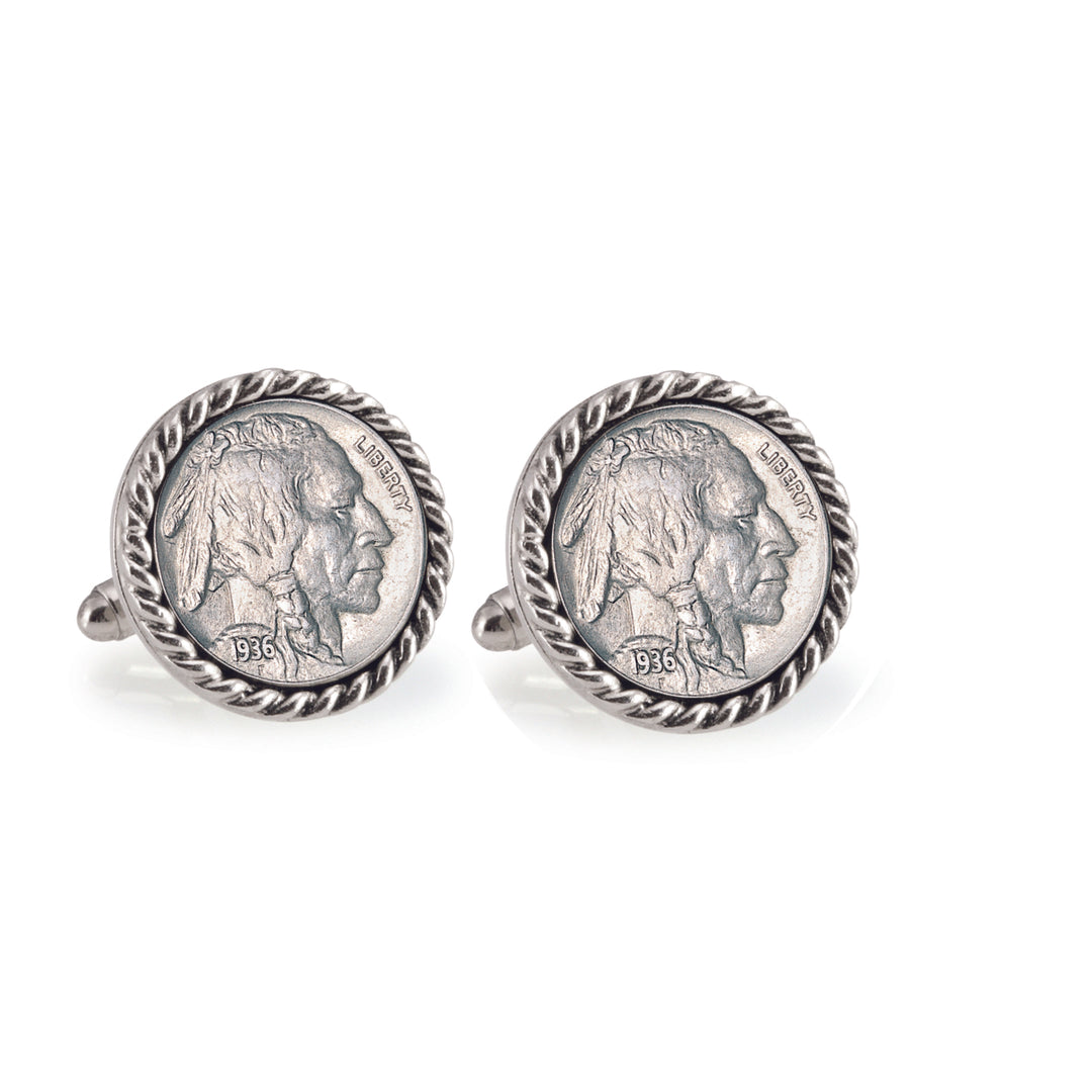 Buffalo Nickel Silvertone Rope Bezel Coin Cuff Links Image 1