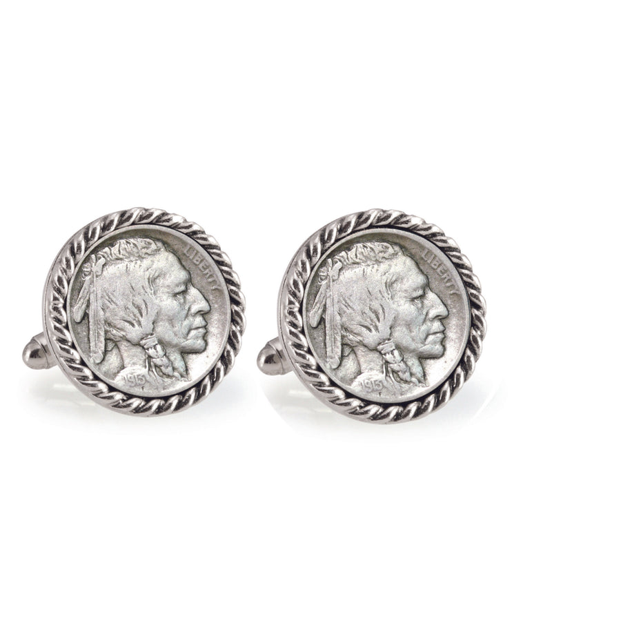 1913 First-Year-of-Issue Buffalo Nickel Silvertone Rope Bezel Coin Cuff Links Image 1