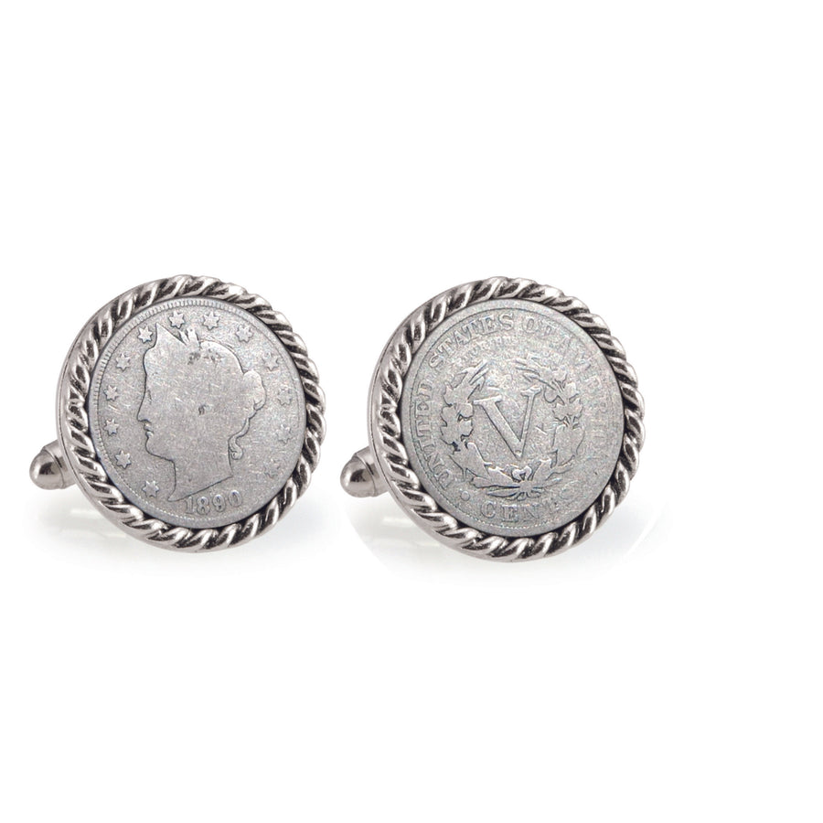 1800s Liberty Nickel Silvertone Rope Bezel Coin Cuff Links Image 1
